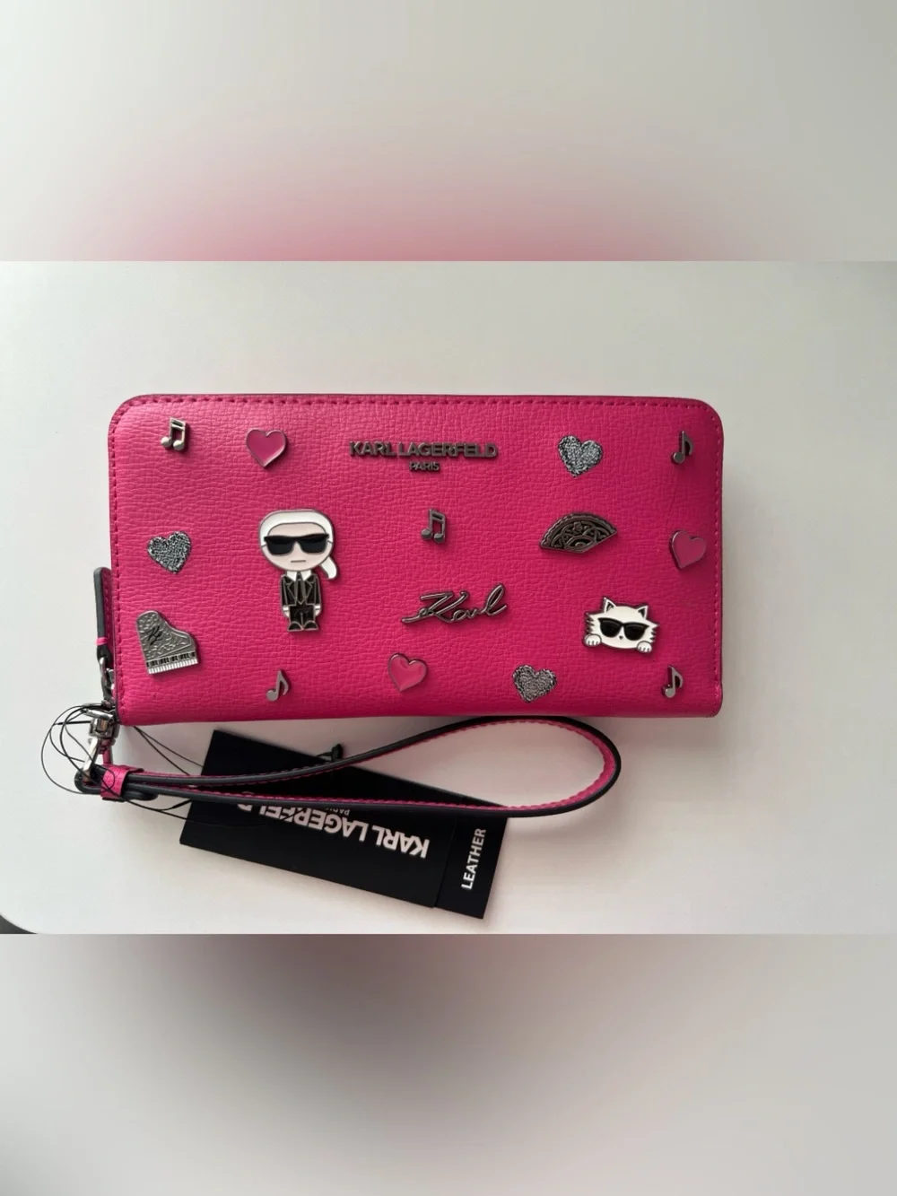 Karl Lagerfeld Hot Pink Leather Zip Wristlet with Charms